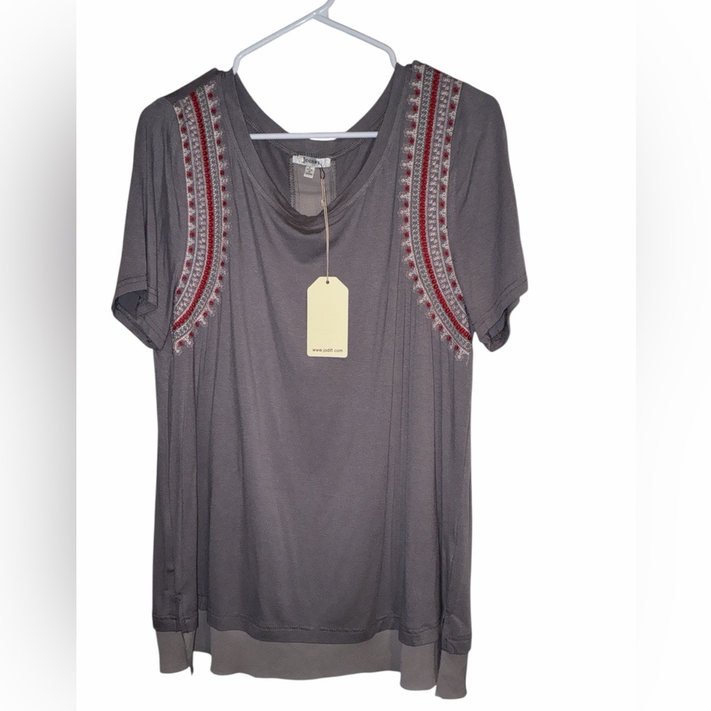 JODIFL Charcoal Top with Red Embroidery, Size Large, NWT